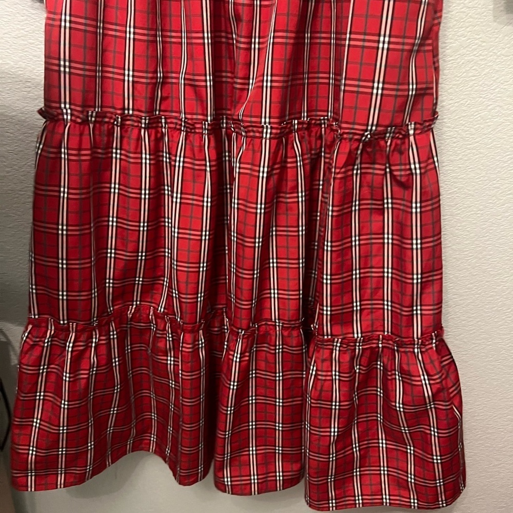 Festive Plaid Smocked Midi Dress with Puff Sleeves in Red - Picture 4 of 8